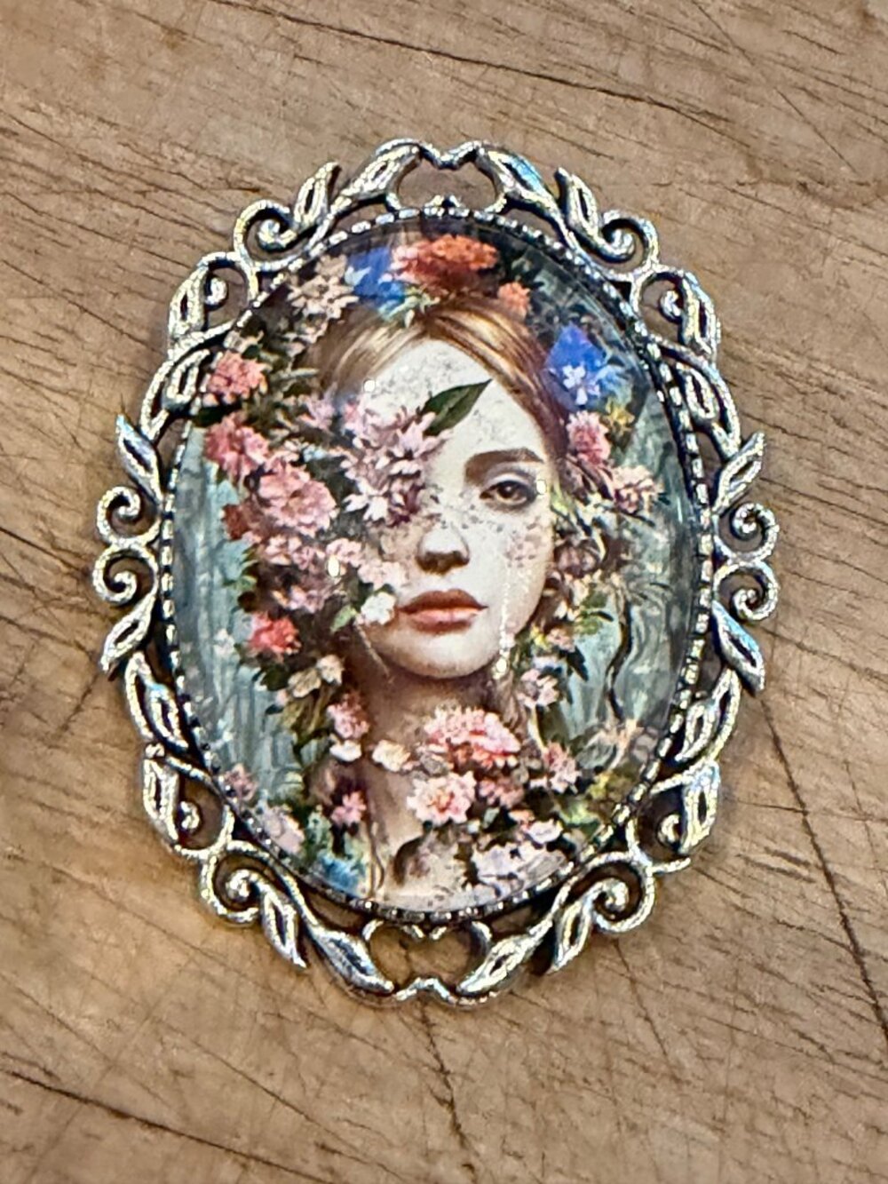 Vintage-Inspired Floral Portrait Oval Brooch Pin With Filigree Silver Frame 2 In